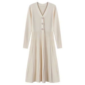 Abito Lungo da Donna Autunno/Inverno, Maglione con Scollo a V e Bottoni, Lavorato a Maglia, Vestibilità Ampia, Taglie Forti, Sopra il Ginocchio, con Pieghe - Product Image 6