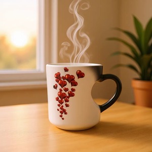 Taza de café mágica en forma de corazón de porcelana blanca con diseño de corazones rojos para regalos y obsequios. - Product Image 1