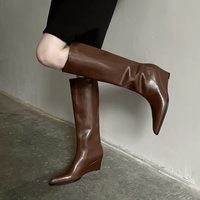 Bottes hautes à bout pointu pour femmes, talon compensé, fermeture éclair latérale, bottes hautes en cuir à la mode, 2 couleurs
