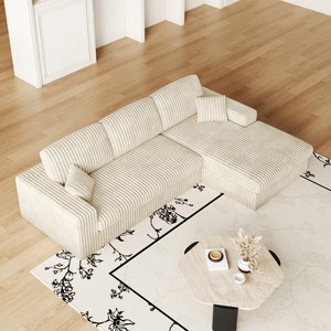 Canapé inclinable modulaire moderne en velours côtelé, écologique et durable, en mousse, design en L 2-en-1, trois coussins, oreiller cervical, deux plaids - Product Image 5