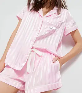 Yaz özel tasarımcı lüks kadınlar katı ipek saten bambu pijama şort setleri pijama Pjs Pj pijama kadın için