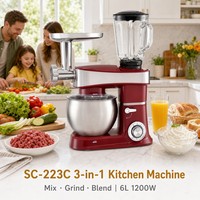 Robot culinaire multifonction SOHEF 6L 1200W 3-en-1 avec hachoir à viande, mixeur en verre, batteur sur socle 6 vitesses, fonction pulse et écran LED