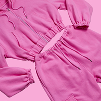 Ensemble de survêtement deux pièces en tissu éponge épais 420 g/m² rose uni avec sweat à capuche court et pantalon de jogging pour l'automne et l'hiver