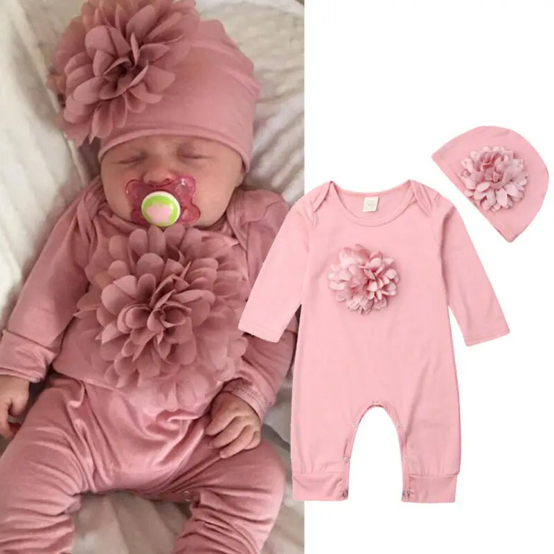 Hot Sale Neugeborene Baby Mädchen Kleidung 3D Blume Kleinkind Stram pler Solid Pink 100% Baumwolle Langarm Stram pler Mit Hut