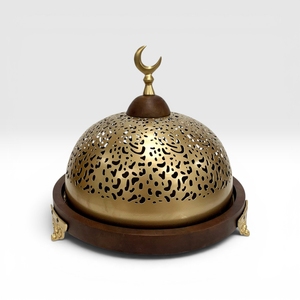 Oriental Engraved Metal Serving Dish With Lid Round Wooden Base <b>Decorative</b> <b>Plate</b> For Presents From India - Product Image 5