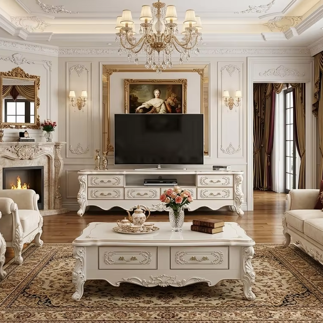 Elegant White Media Console Multi Drawer Hand Gilded Accents Lacquer Coating MDF Board Synthetic Steel Legs TV Center Desk