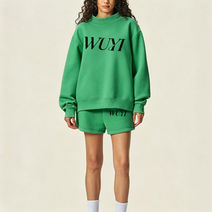 Custom LOGO Women Regular Fit Mockneck Hoodie Pants Sweat <b>Suit</b> Cotton Heavy Weight Crewneck Sweatshirt Shorts Set <b>Button</b> XS - Product Image 2