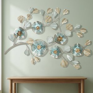 Décoration murale moderne en métal bleu aqua, sculpture florale botanique suspendue pour la maison, le bureau, le salon, la chambre à coucher - Product Image 4