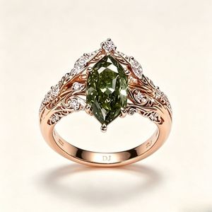925 Sterling <b>Silver</b> Rose Gold <b>Emerald</b> <b>Ring</b> Shield Cut Green Stone Leaf Motif Vintage <b>Ring</b> - Product Image 2