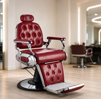 Chaise de barbier vintage rouge capitonnée, robuste, inclinable et hydraulique, en promotion pour salon de coiffure