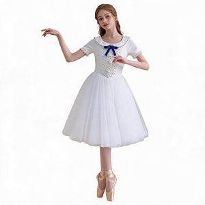 Costume Professionale da Balletto Bianco per Esibizioni, Abito da Cerimonia con Colletto per Bambini, Abbigliamento da Palcoscenico con Fiocco Blu - Product Image 1
