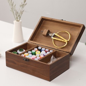 Solid Wood <b>Sewing</b> Tool Box Square Portable With Flip Lid Retro Style Storage <b>Set</b> For Needlework - Product Image 1