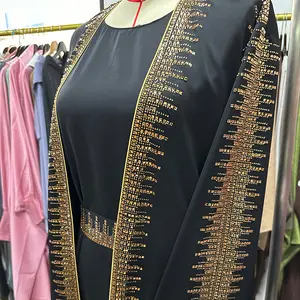 中東イスラム服カスタムラグジュアリーブラックカフタンアバヤドレスセットドバイ装飾ストーンビーズアバヤ