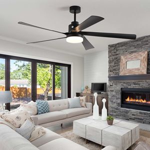 Ventilador de techo moderno negro de 65 pulgadas con luz, 5 aspas, motor de CC y control remoto para sala de estar - Product Image 1