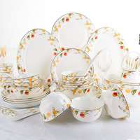 Service de table en porcelaine fine, motif végétal, compatible micro-ondes, style pastoral chinois, bols, assiettes et plats