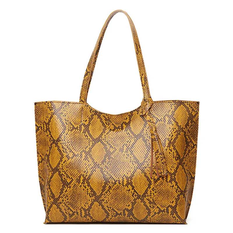 Listo para nave mujer Simple bolsos de piel de serpiente, bolso de cuero, bolso con borla