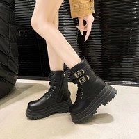 Bottes de moto pour femme, hiver, à lacets, plateforme épaisse, tige en PU artificiel, semelle extérieure en caoutchouc, fabrication ODM/OEM