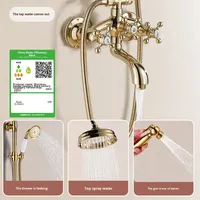 Ensemble de douche rétro style français avec barre coulissante, jet pluie, fixation murale, cartouche céramique, robinet de douche intégré doré pour salle de bain