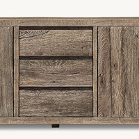 Meuble TV Rhoohill personnalisé en bois massif de style vintage américain, 4 portes avec 3 tiroirs, console multimédia en chêne recyclé