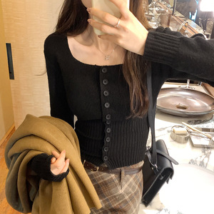 Elegante Cardigan da Donna Autunno Inverno Nuovo con Collo Quadrato, Vita Corta, Vestibilità Slim, Maniche Lunghe e Dettagli in <span class=keywords><strong>Pizzo</strong></span> Halter - Product Image 4