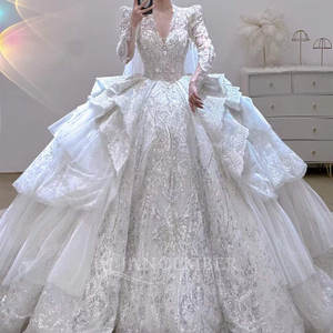 Vestidos de Novia con Cuentas, Vestido de Novia de Manga Larga con Cuello en V, Vestido de Princesa, Lsjj82 - Product Image 2
