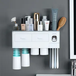 Fashionable Bathroom Storage Rack Five-Person Family ABS/Plastic Magnetic Toothbrush Holder Toothpaste Dispenser Cups Packaged