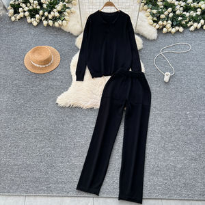 Traje informal de dos piezas para mujer, Top de manga larga con cuello y pantalones de cintura alta, conjunto de 2 uds barato para mujer - Product Image 3