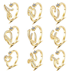 Cincin Ansiedad berlapis emas 18K antik cincin dapat disesuaikan 26 alfabet bahasa Inggris cincin zirkon bertatah berlian untuk pria wanita - Product Image 1