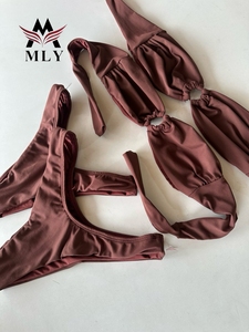 Maillots <span class=keywords><strong>de</strong></span> <span class=keywords><strong>bain</strong></span> triangle MLY pour femmes, nouveau style, couleur unie, rembourrés et froncés, avec bas string - Product Image 4