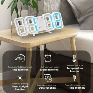 WSY175 Horloge LED 3D numérique murale et de bureau avec alarme, formats 12H/24H, luminosité réglable, veilleuse, économie d'énergie, horloge 3D - Product Image 3