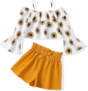 Abbigliamento Estivo alla Moda per Ragazze, Completi Carini per Bambini, Set con Top Corto a Maniche Lunghe e Pantaloncini con Stampa Floreale Boho per Occasioni Casual e Feste - Product Image 4