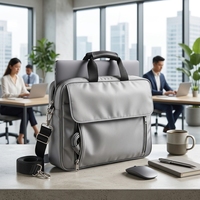 Porte-documents pour ordinateur portable gris clair, décontracté et simple, avec rabat, en tissu polyester doux résistant à l'eau, deux poches verticales avant zippées, anneau en D