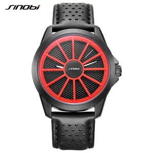 SINOBI Creative Watches Men Car Wheel Watch Breathable Holes Leather Band Quartz Watches S9779G men's wristwatches
