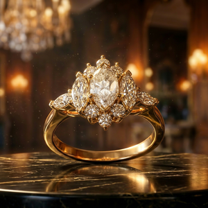 Bague de fiançailles de luxe en or jaune avec pierres d'appoint en halo floral, élégante bague de promesse de mariage pour femme - Product Image 1