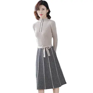 Fashionable women spring autumn new arrival middle high neck button decorative slim fit loose hip stripe sweater dress