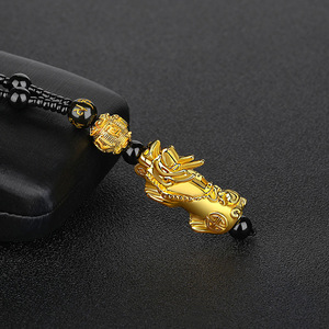 Kalung Feng Shui Cina berlapis emas 24K, rantai manik-manik batu Obsidian hitam, Kalung liontin Pixiu keberuntungan - Product Image 3
