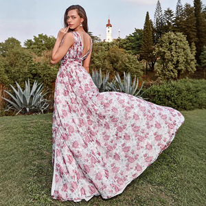 Vestido largo con estampado floral, cuello en V profundo, cintura imperio, ropa informal de verano - Product Image 2