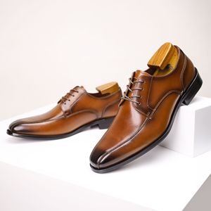 Zapatos Oxford de Vestir con Punta en Pico, de Cuero Marrón, con Cordones, Color Sólido, Parte Superior de Cuero Genuino, Suela de Goma, para Todas las Temporadas, Envío Directo - Product Image 4