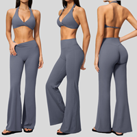 Ensemble de vêtements de sport personnalisé avec logo, soutien-gorge de sport dos nu, pantalon de yoga taille haute froncé aux fesses, coupe évasée, pour femme