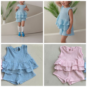 Rosa e <span class=keywords><strong>blu</strong></span> bicolore torta estiva senza maniche Top + Shorts Set completo da ragazza in tinta unita - Product Image 2