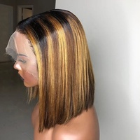 Perruque Lace Front Courte Bob Marron avec Dentelle, Densité 150%, Cheveux Vierges Brésiliens Sans Colle, Mèches 4/27 pour Femmes Noires