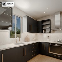 Meubles de cuisine de luxe avec portes en mélamine, aménagement en L, rangement par tiroirs, boîtes en panneaux de particules et charnières à fermeture amortie