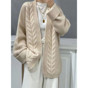 Cárdigan de lana 100 grueso de siete agujas personalizado para <span class=keywords><strong>mujer</strong></span>, chaqueta de suéter de Cachemira de estilo suelto y perezoso sin botones de longitud media - Product Image 1