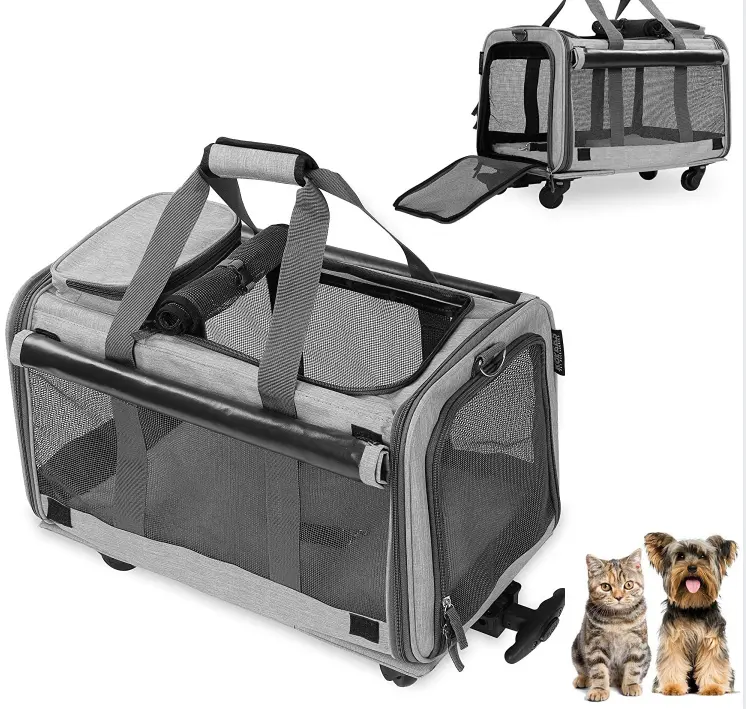 Мягкая переноска для домашних животных, одобренная авиакомпанией, переноска для кошек, сумка для собак со съемными колесами и тележкой, складная для мелких средних домашних животных