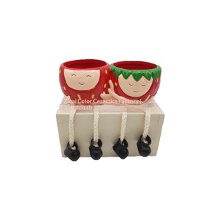 Pot de fleurs en céramique amusant, peint à la main, en forme de fruit, avec corde de suspension, pour plantes succulentes et vertes - Product Image 5