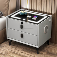 Table de chevet moderne et intelligente avec éclairage LED, chargement USB sans fil, verrouillage par empreinte digitale, deux tiroirs, réglable