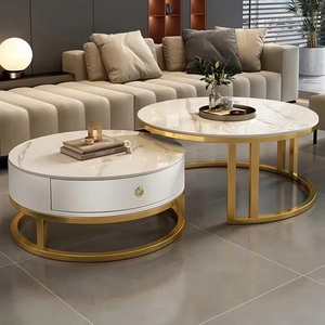 <span class=keywords><strong>Tavolino</strong></span> da Caffè <span class=keywords><strong>Moderno</strong></span> di Alta Gamma con Piano in Pietra Rotondo, Base in Acciaio Inox, Funzione di Stoccaggio ed Estensione per Arredamento Soggiorno - Product Image 1