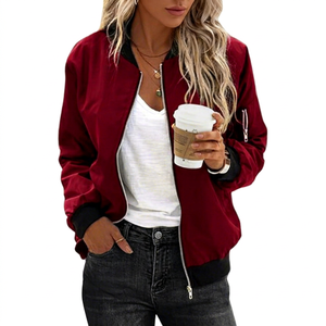 Chaqueta cortavientos con cremallera de piel de oveja de talla grande para mujer, abrigo corto transpirable a la moda con bolsillos, bonito estilo bombardero de satén para correr - Product Image 1