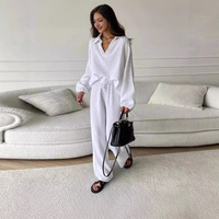 Ensemble de détente 2 pièces pour femme en coton froissé, polyester et lin, avec haut à col en V et manches longues, pantalon large, tenue décontractée pour l'aéroport et les voyages 2026