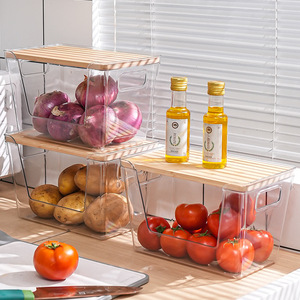 Modern Clear PET Transparent <b>Storage</b> Box Bamboo Lids Square Kitchen Pantry Organization <b>Stackable</b> Open Front Warehouse Food - Product Image 2